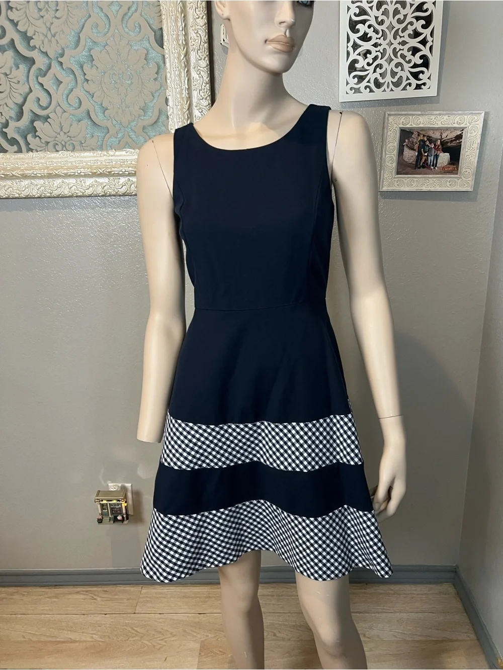 Tommy Hilfiger Navy Sleeveless Fit & Flare Dress with Gingham Trim